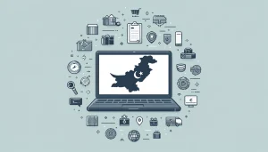 illustration of a laptop with a map of Pakistan on the screen, surrounded by icons of shopping carts, packages, and suppliers, representing e-commerce and dropshipping.