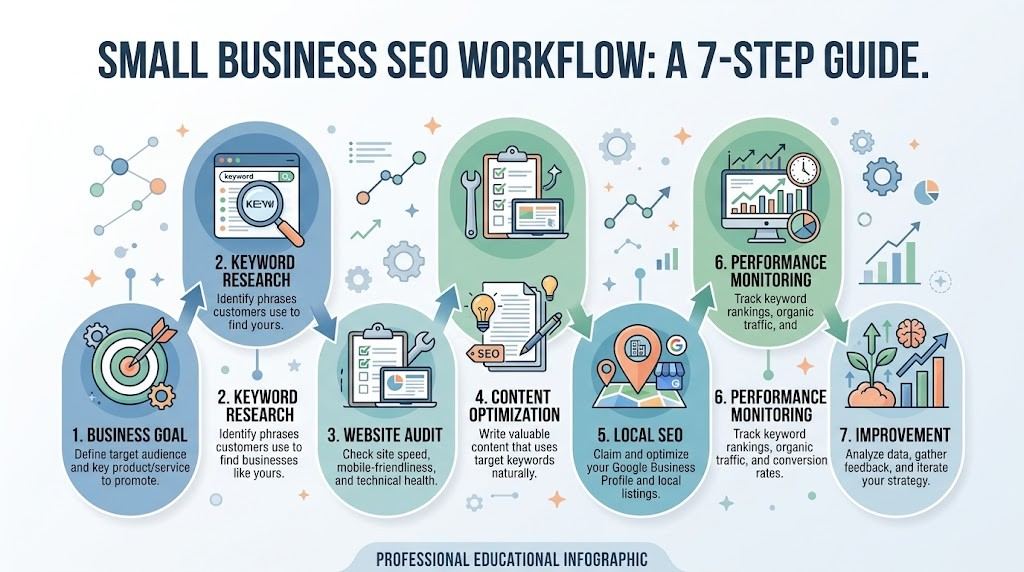 Small business SEO workflow using research and optimization tools