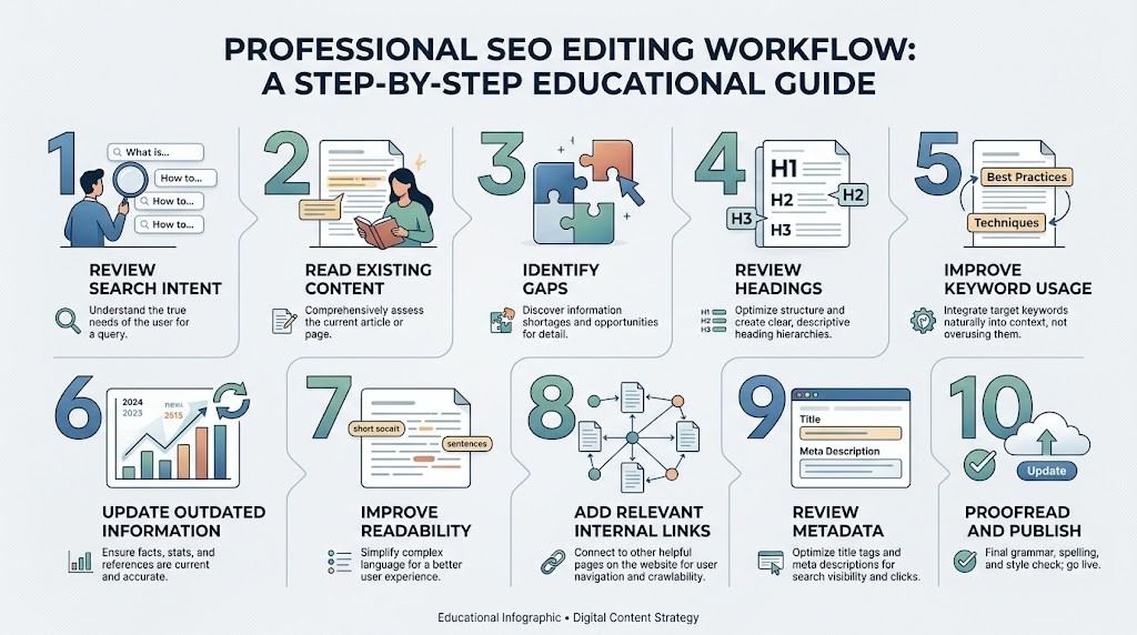 SEO editing workflow for optimizing existing content