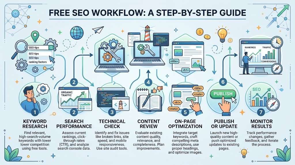 Free SEO workflow from keyword research to performance monitoring