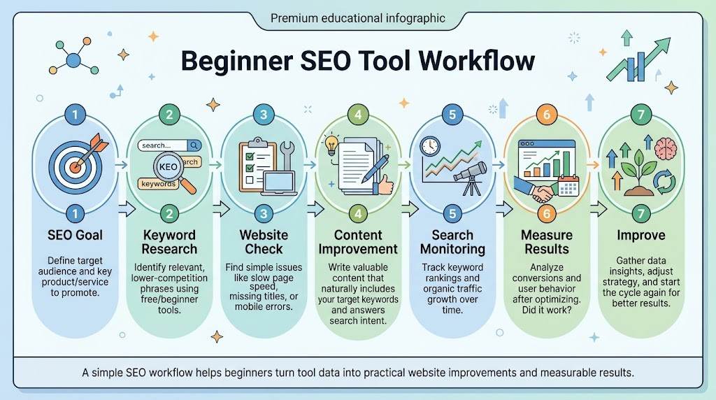 Beginner SEO workflow from keyword research to performance monitoring
