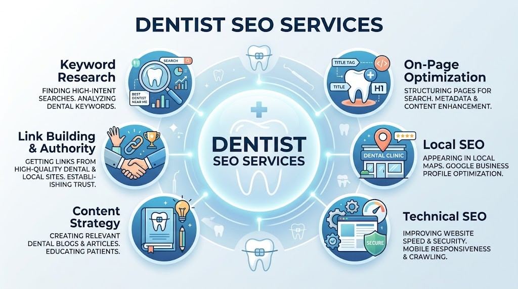 Infographic showing key dentist SEO services including keyword research, on-page optimization, local SEO, technical SEO, content strategy, and link building