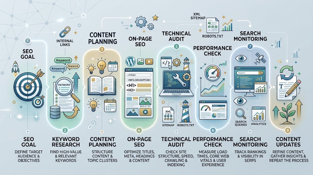 WordPress SEO workflow from keyword research to search monitoring