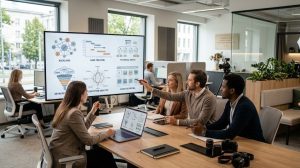SEO agency team using software to manage multiple client campaigns