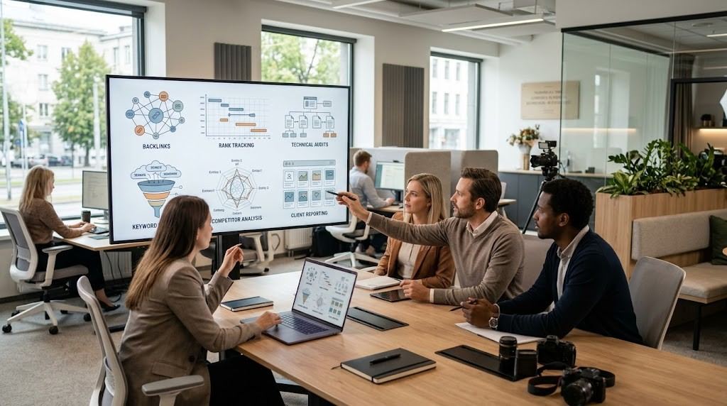 SEO agency team using software to manage multiple client campaigns