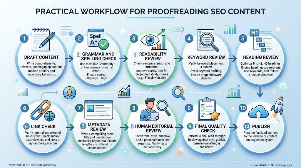 SEO content proofreading workflow using automated tools and human review