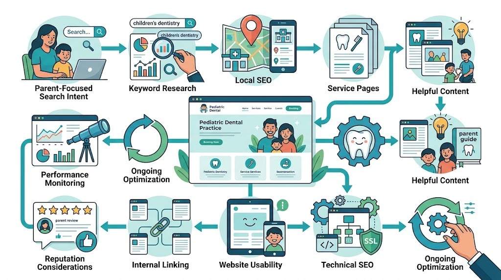 Pediatric dental SEO strategy connecting local search, content, and website optimization
