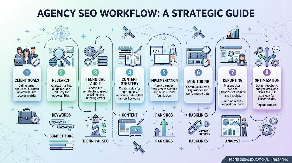 Agency SEO workflow from client goals to reporting and optimization