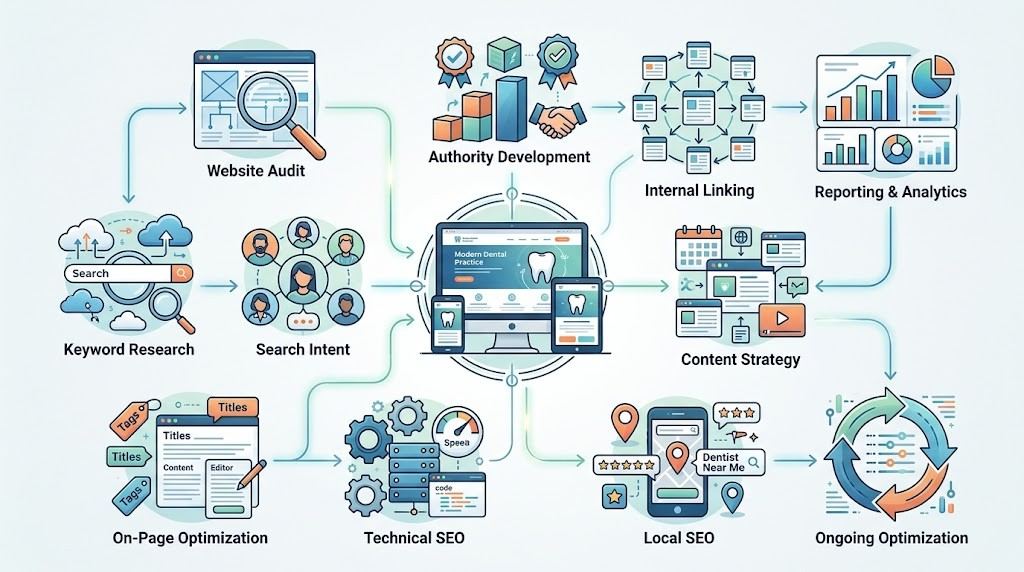 Dental SEO agency workflow from website audit to ongoing optimization