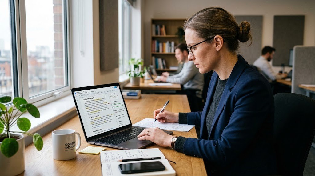 SEO proofreader reviewing website content for errors and search optimization