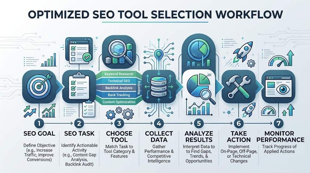 SEO tool selection workflow from research to performance monitoring