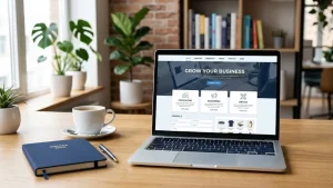 Small business website displayed on a laptop in a modern office