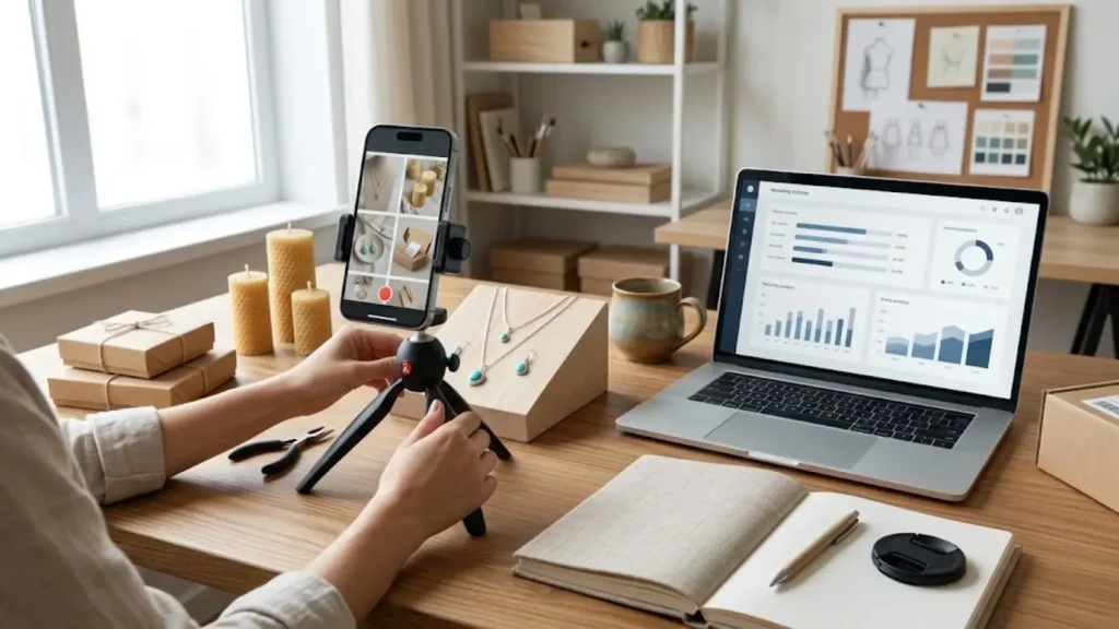 Handmade product seller photographing crafts for online marketing