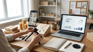 Handmade product seller photographing crafts for online marketing