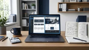 Laptop displaying a website editor and business website preview