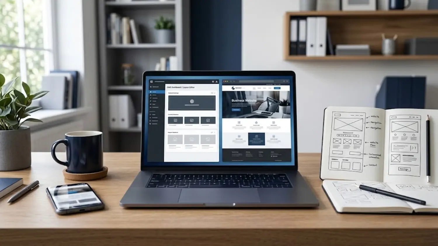 Laptop displaying a website editor and business website preview