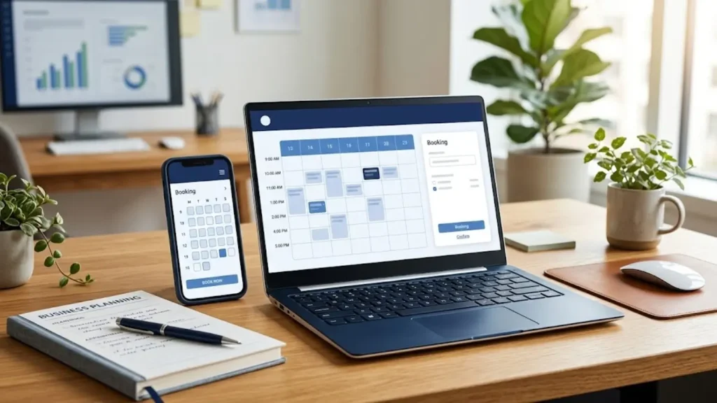 Laptop and smartphone displaying an online appointment booking calendar