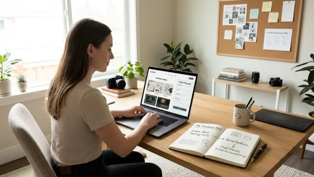 Beginner freelancer building a portfolio and searching for freelance work from a home office
