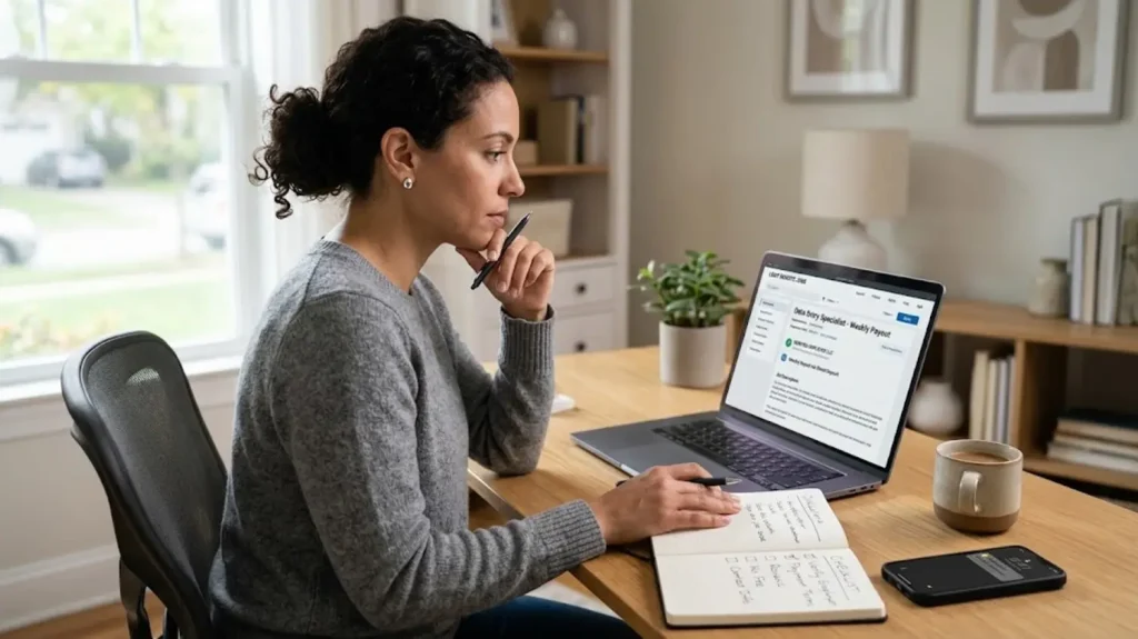 Job seeker reviewing remote employer details and weekly payment terms on a laptop