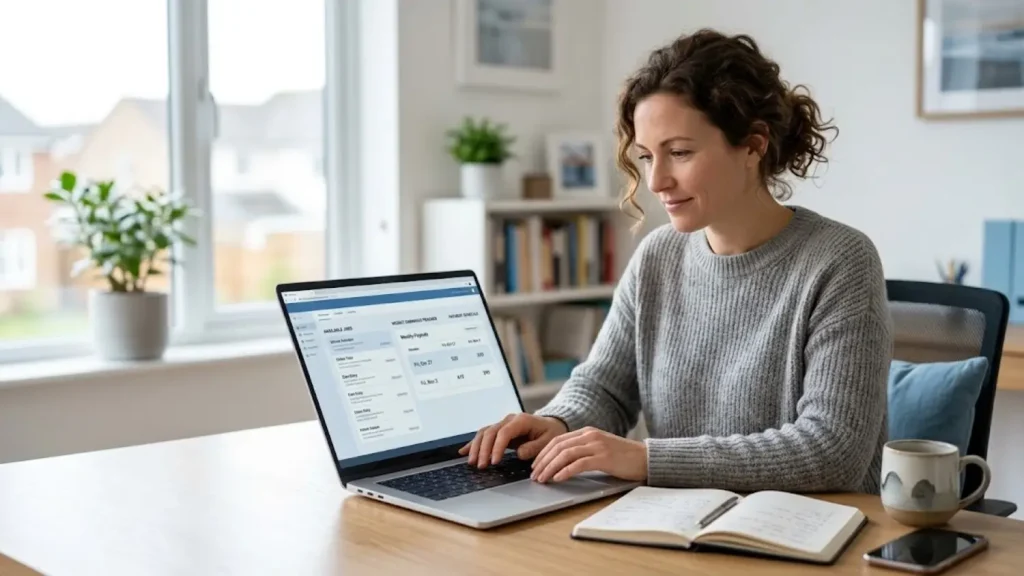 Person researching work at home jobs that pay weekly on a laptop