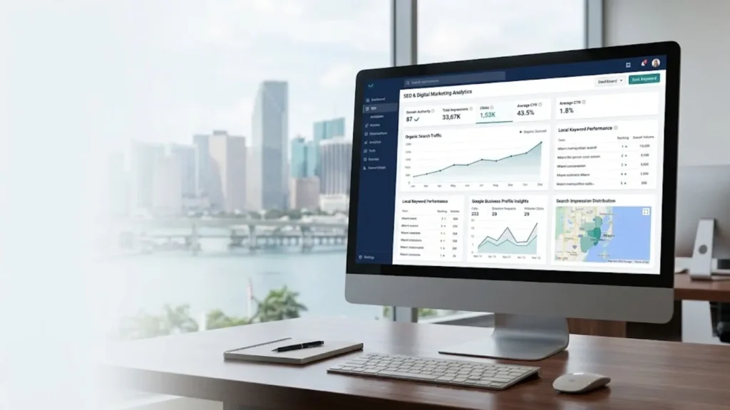 SEO dashboard report showing local search performance and analytics for a Miami business