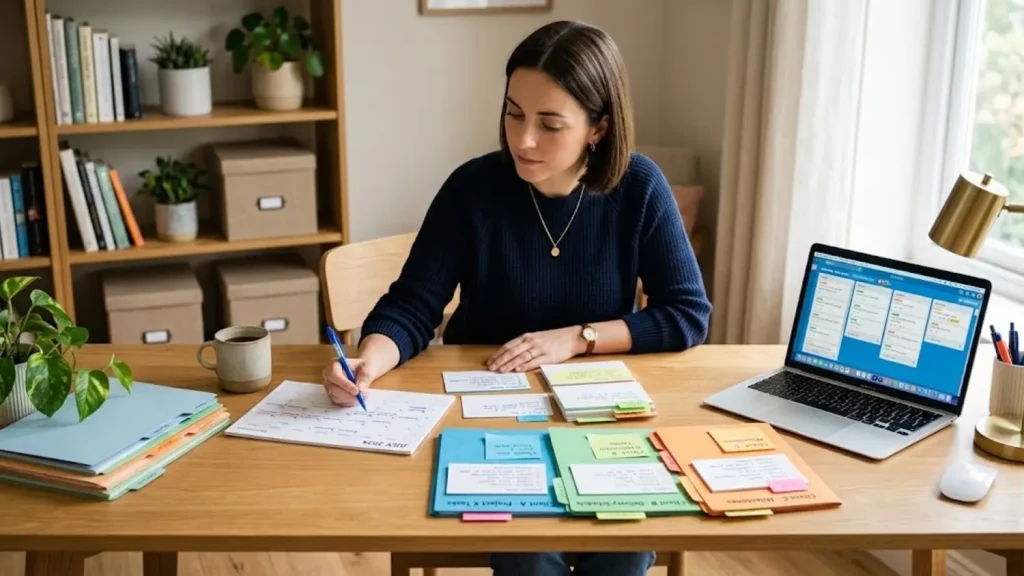 Freelancer organizing several project deadlines with a laptop, weekly calendar, and task notes.