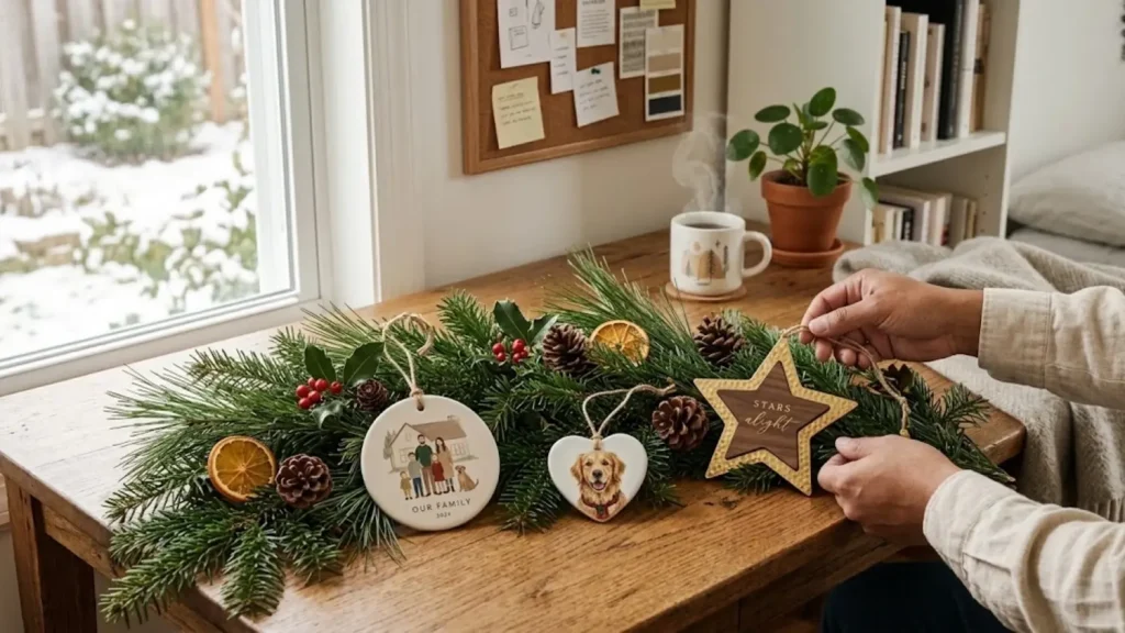 Personalized print-on-demand ornaments featuring family and pet designs