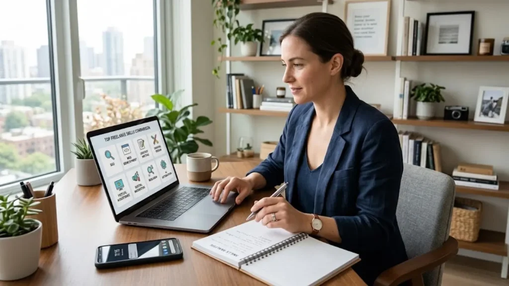 Freelancer comparing top skills such as SEO, web development, writing, design, and video editing