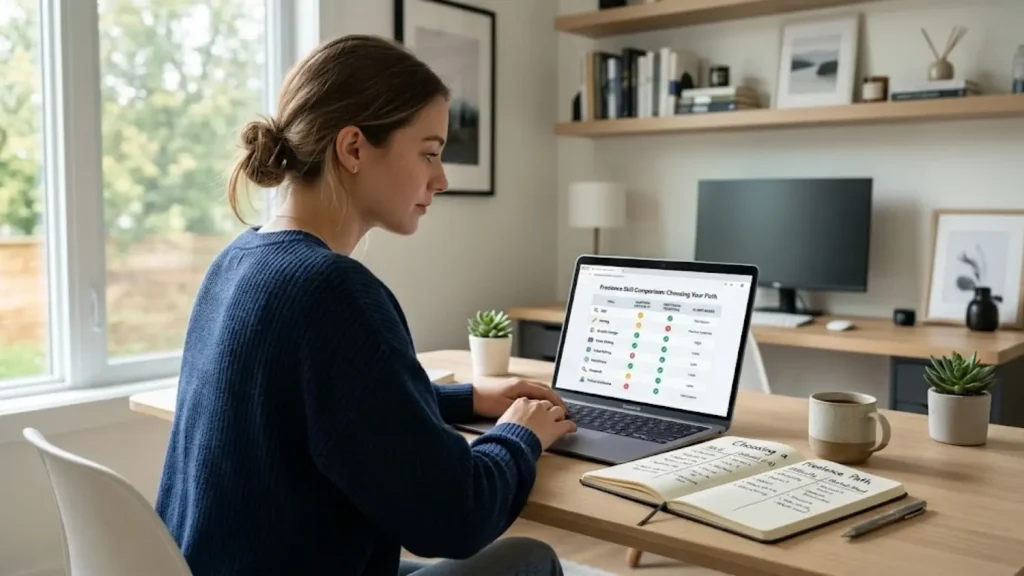 Beginner choosing which freelancing skill to learn using a laptop and career planning notes