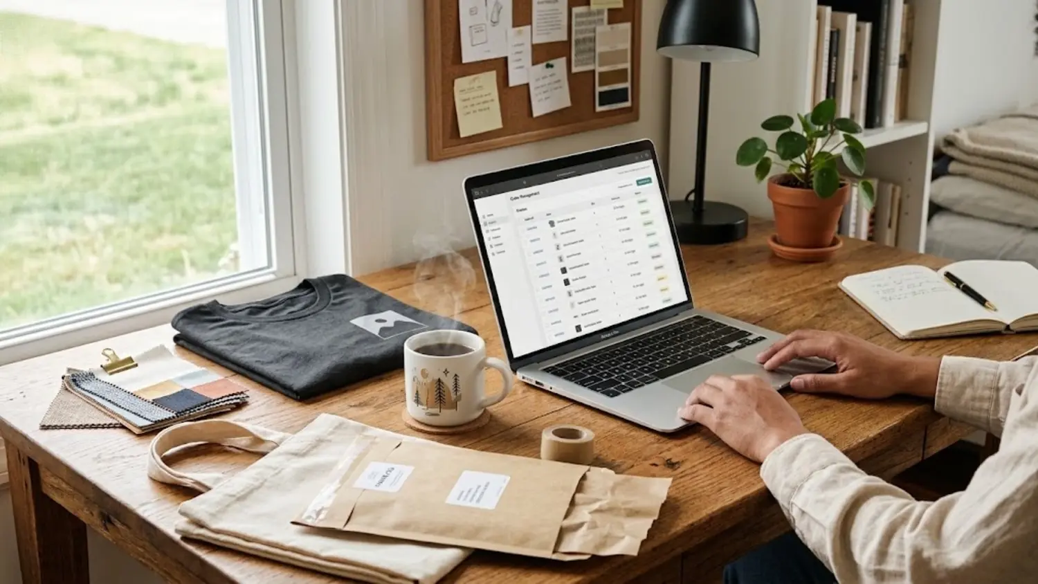 Print-on-demand products and packaging beside a laptop displaying an order dashboard