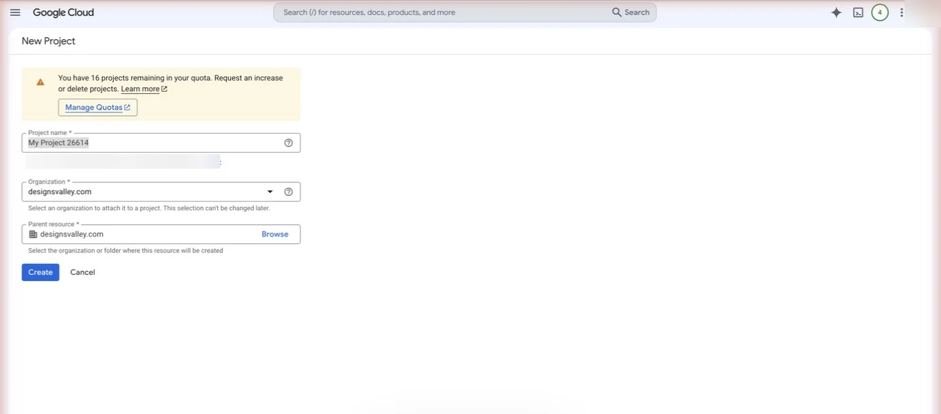 New Project form in Google Cloud console with organization set to designsvalley.com