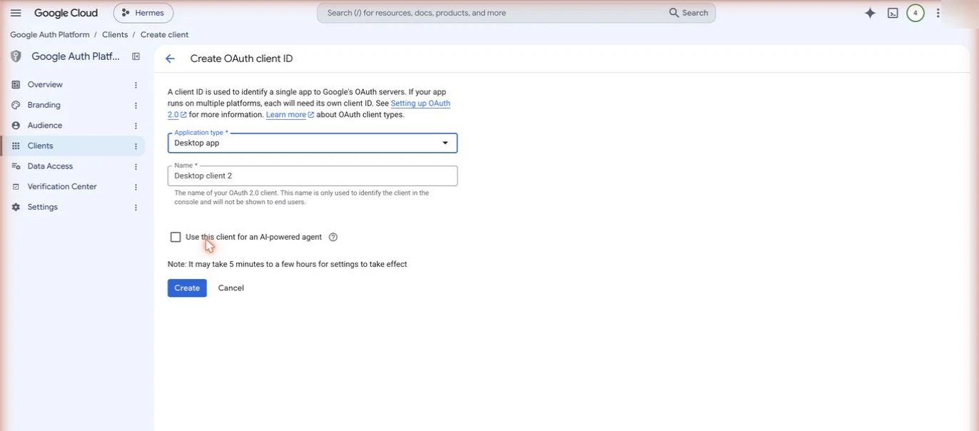 Create OAuth client ID for Hermes Agent with Desktop app selected and AI-powered agent checkbox