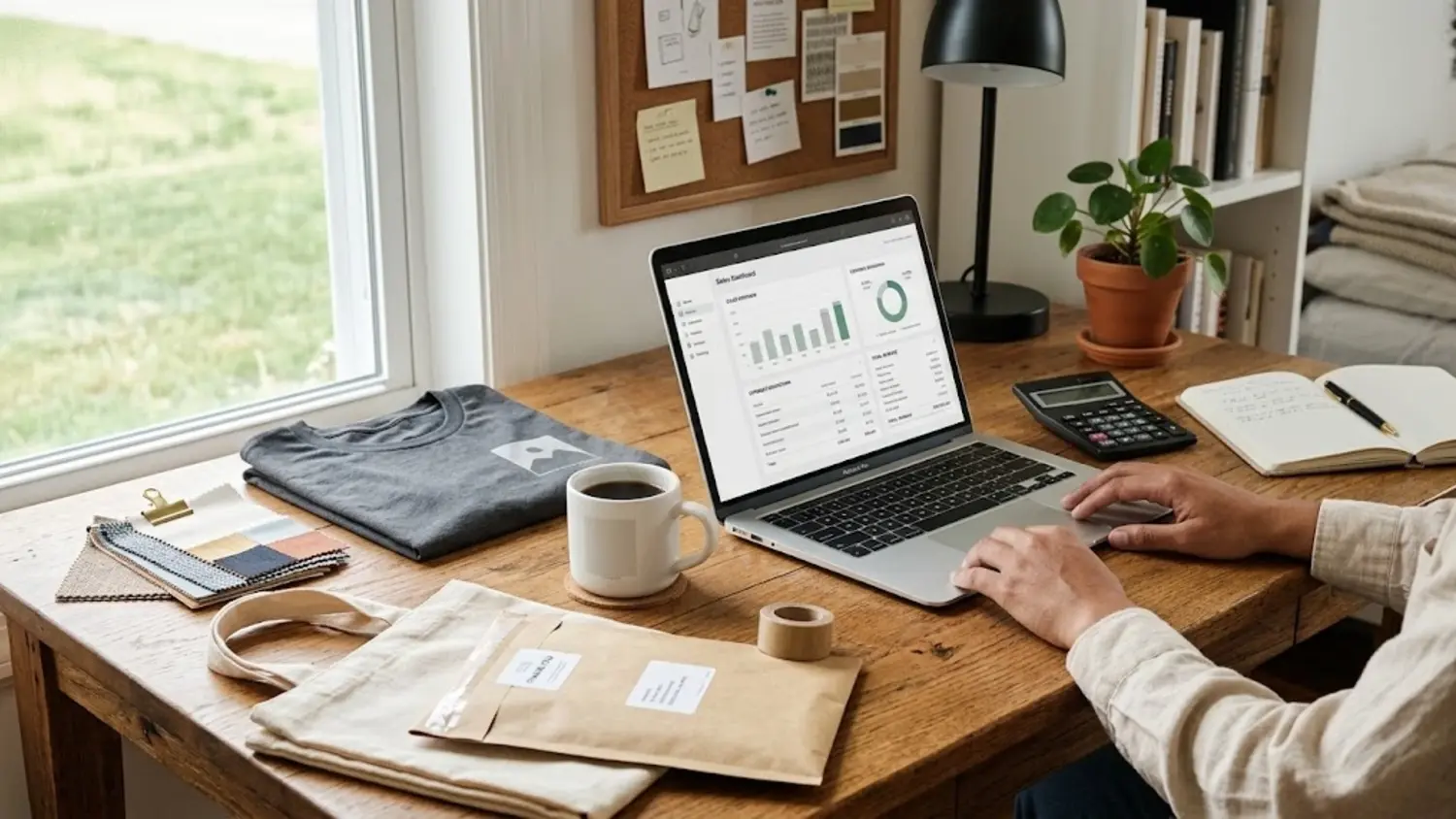 Print-on-demand products beside a calculator and laptop showing business figures