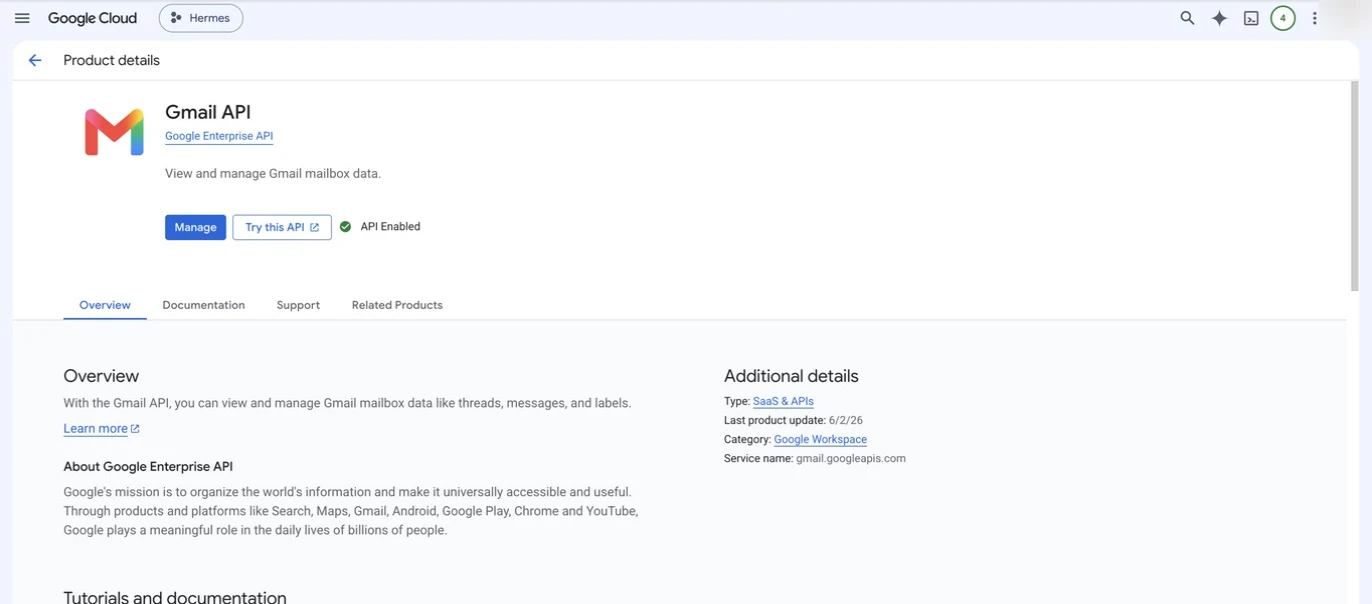 Gmail API enabled in the Hermes Google Cloud project