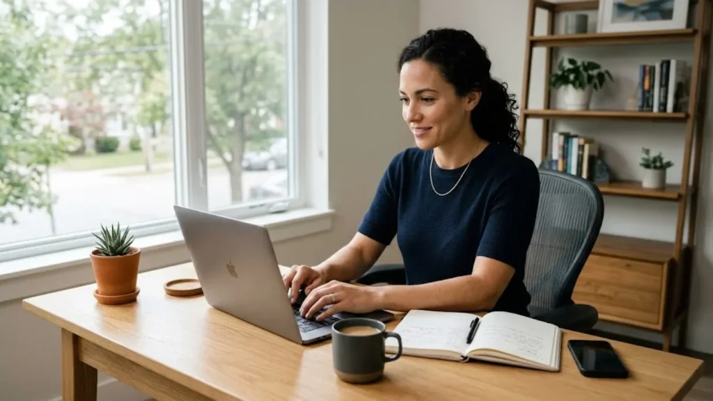 Freelancer working on a laptop in a home office