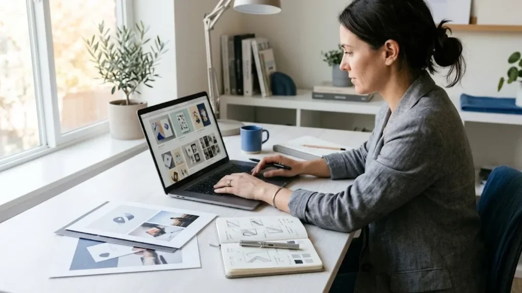 Freelancer reviewing portfolio samples on a laptop