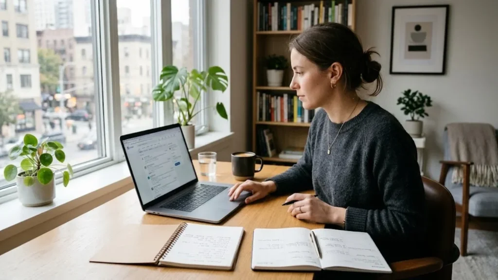 Freelancer researching potential clients on a laptop
