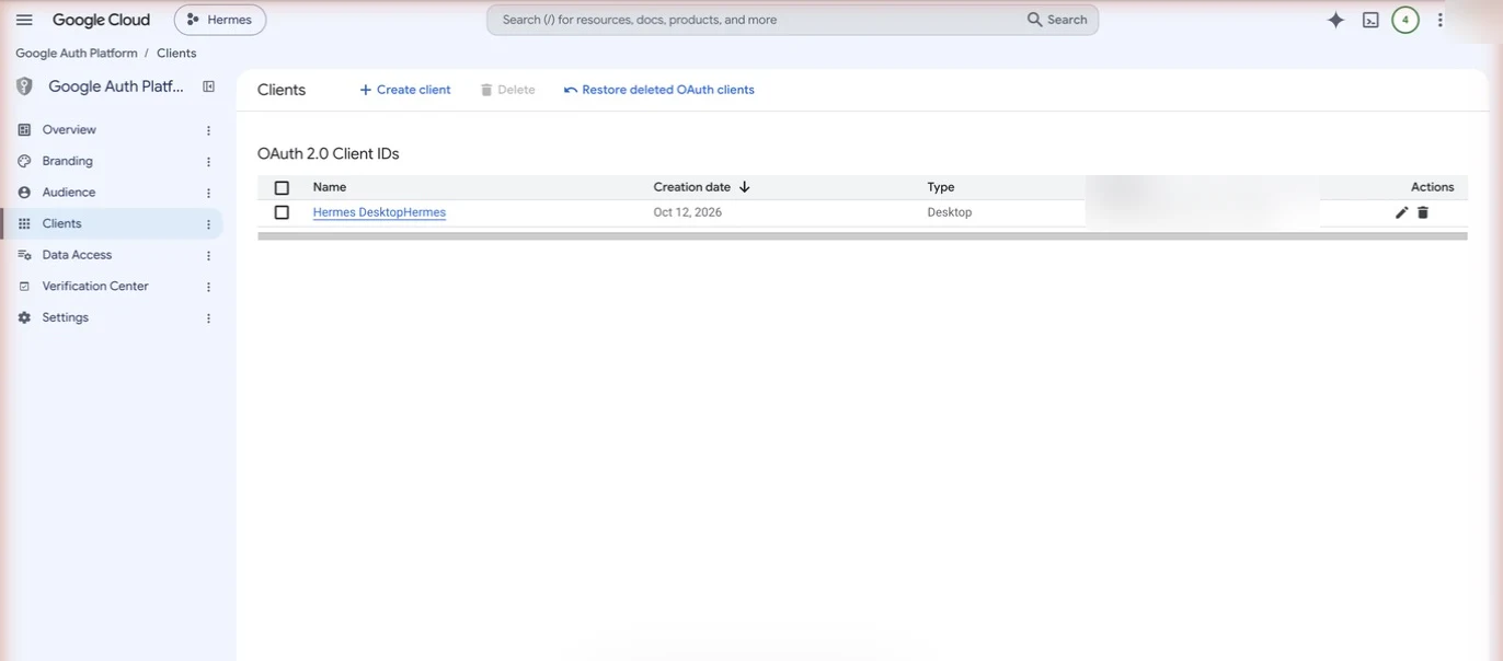 Hermes Desktop OAuth client in the Client IDs list in Google Auth Platform